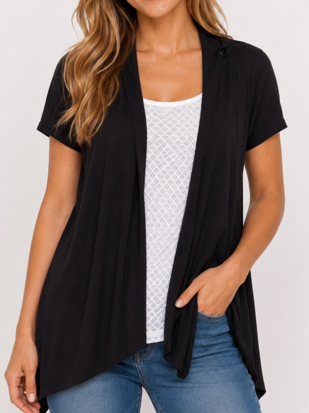 NAIF Black Open Front Draped Short Sleeve Cardigan with built in under shirt MD